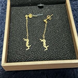 18k Yellow Gold YSL Logo Dangle Earrings